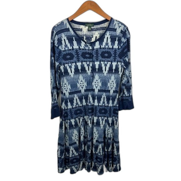 Lauren Ralph Lauren Blue Aztec Skater Dress Size Large - Picture 1 of 11